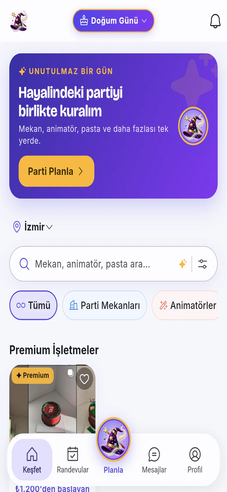Party Wizard ana ekranı: keşif ve popüler mekanlar