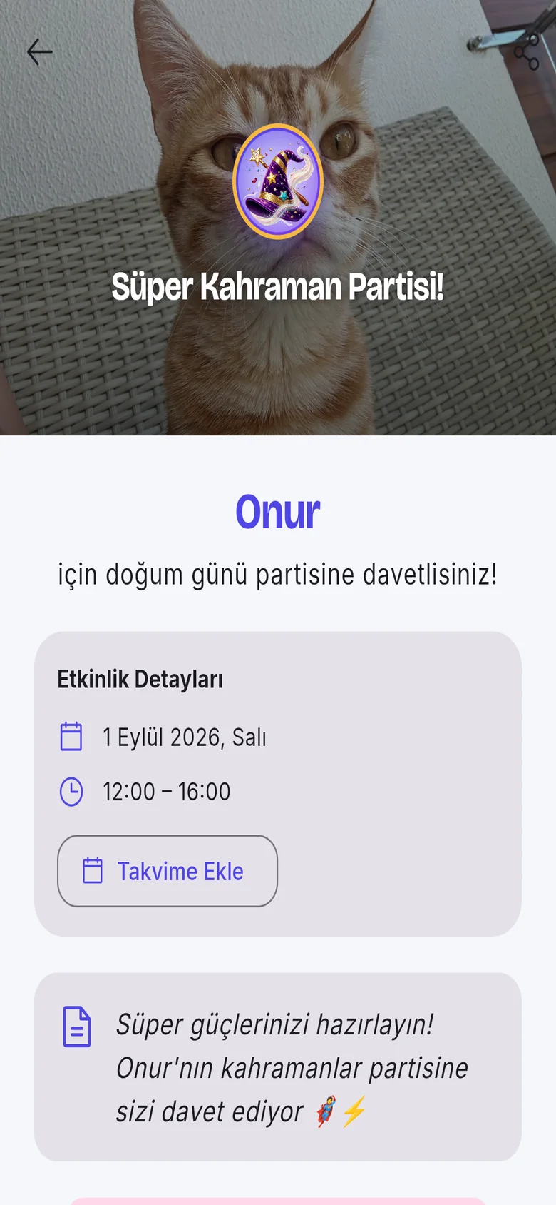 Dijital davetiye sayfası ve katılım bildirimi