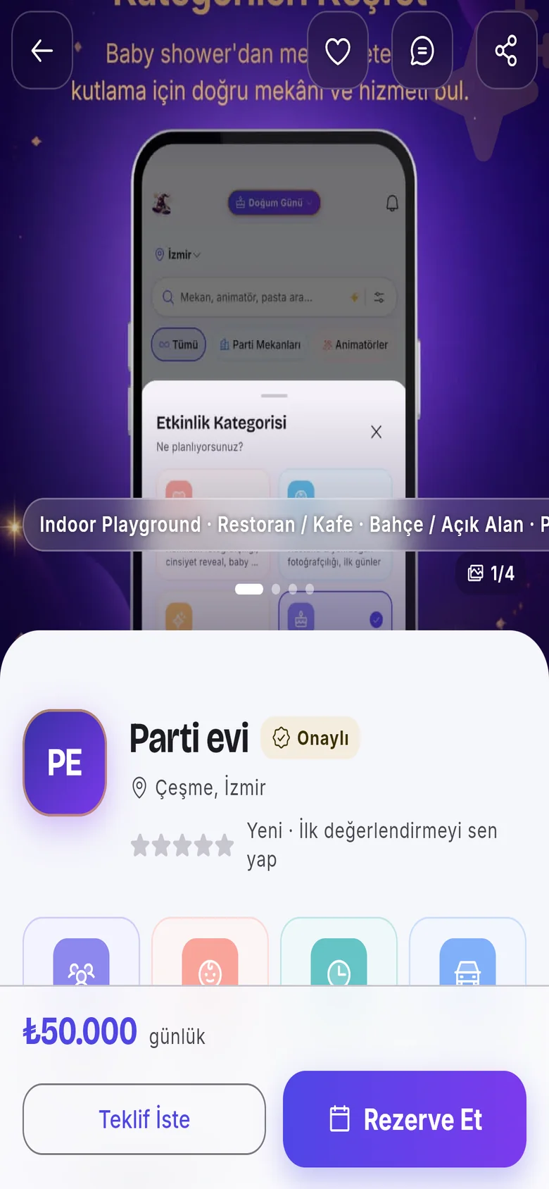 Mekan detay ekranı: kapasite, fiyat ve rezervasyon